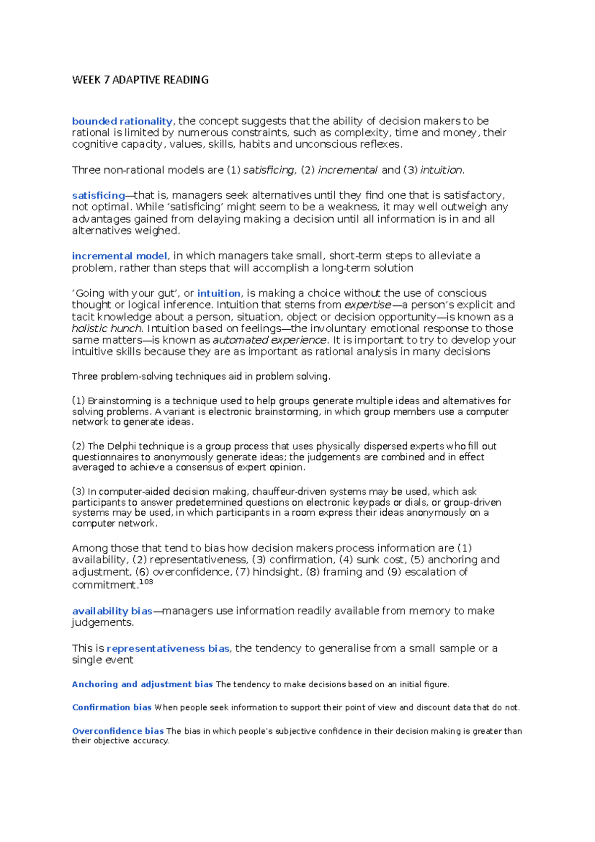 WEEK 7 Adaptive Reading - WEEK 7 ADAPTIVE READING bounded rationality ...