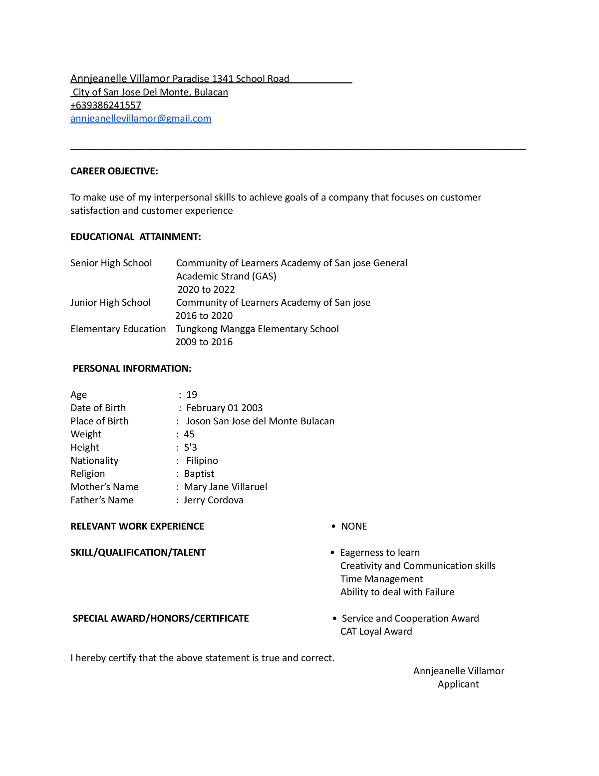 Anj Resume-1 - Summary Industrial Engineering - Annjeanelle Villamor 