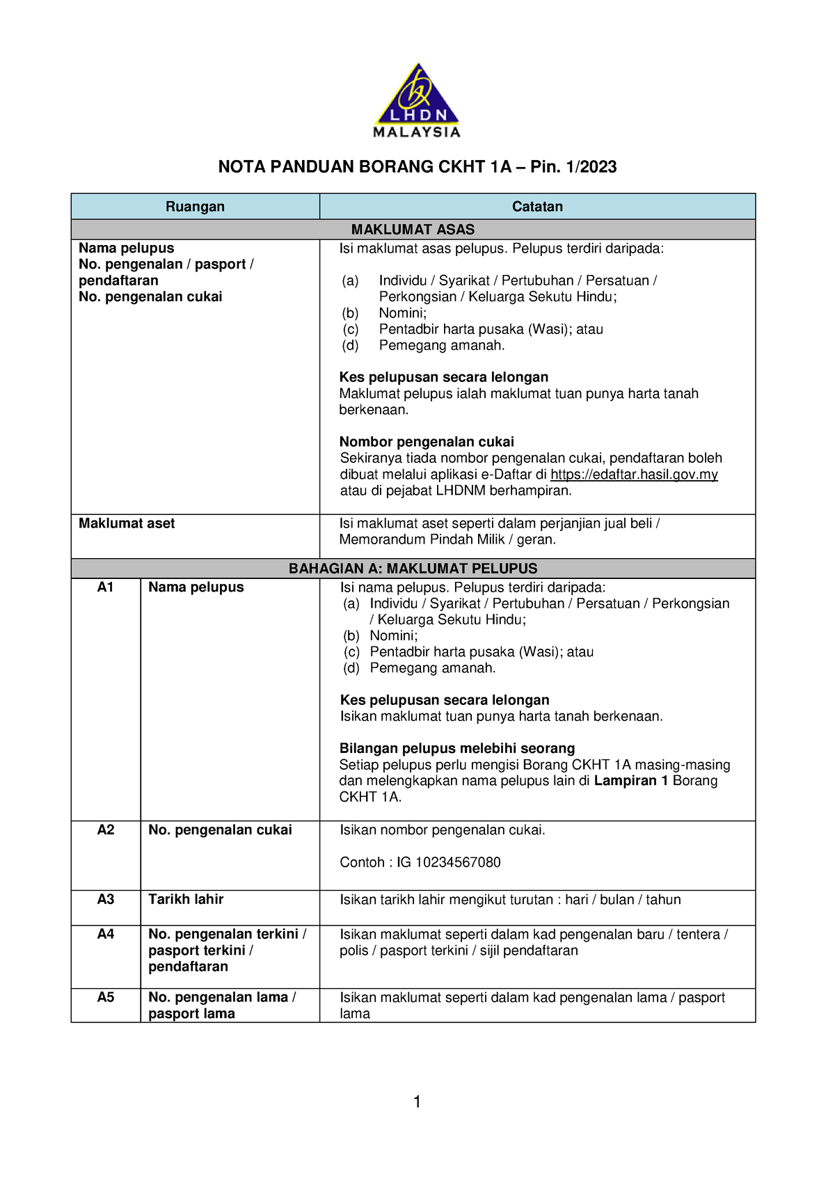 panduan mengisi borang ckht 1a pin 1 2023 NOTA PANDUAN BORANG CKHT 1A