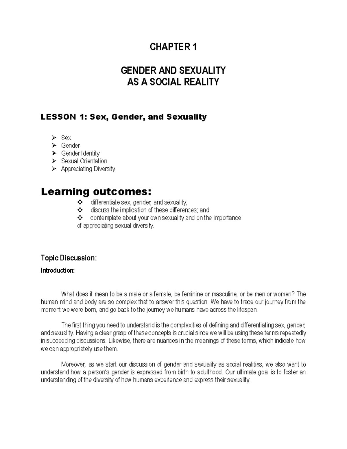Lesson 1 Gender and Sexuality as Social Reality - CHAPTER 1 GENDER AND ...