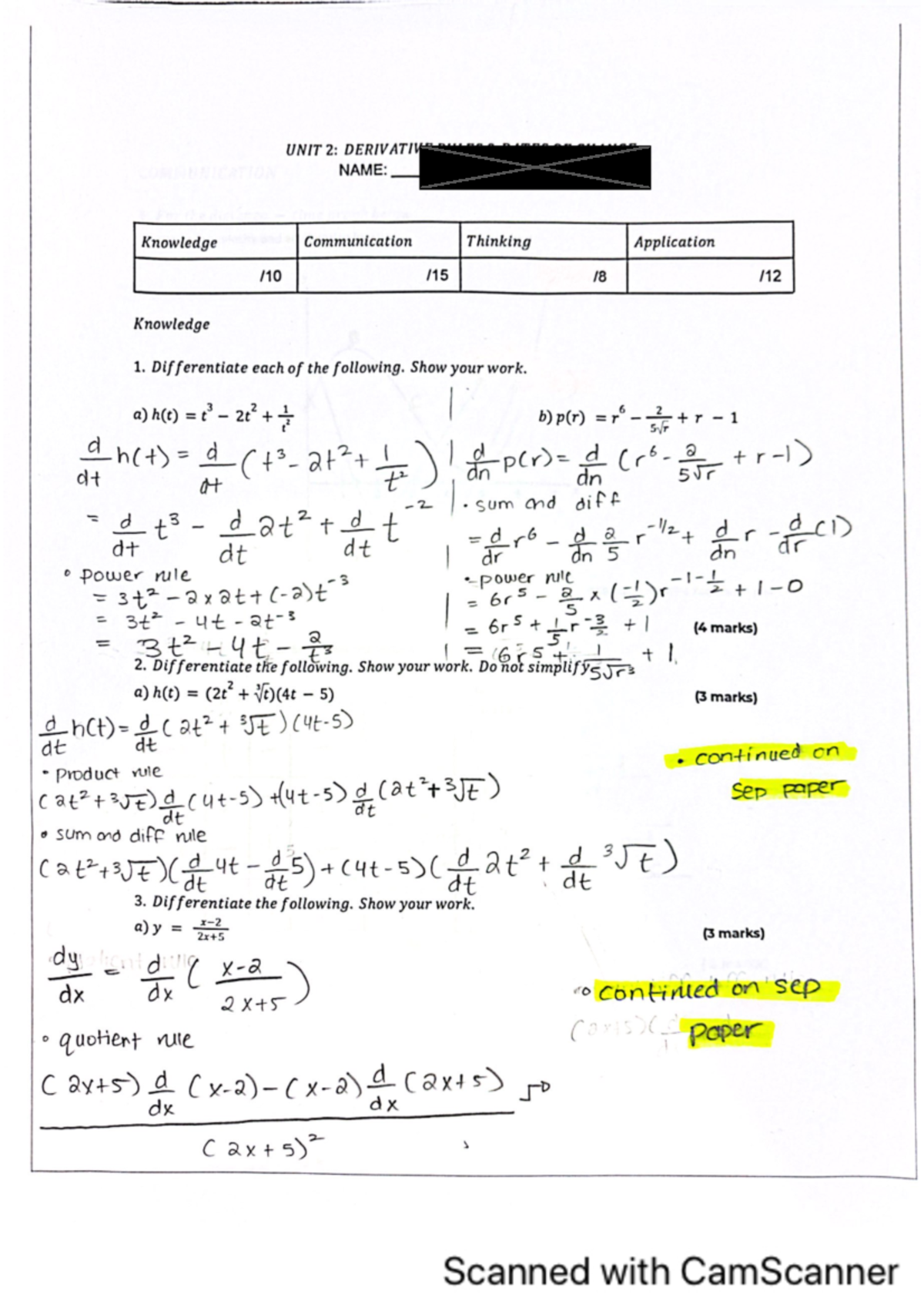 Calc unit two - calc test 2 - UNIT 2: DERIVATIV NAME: Knowledge ...