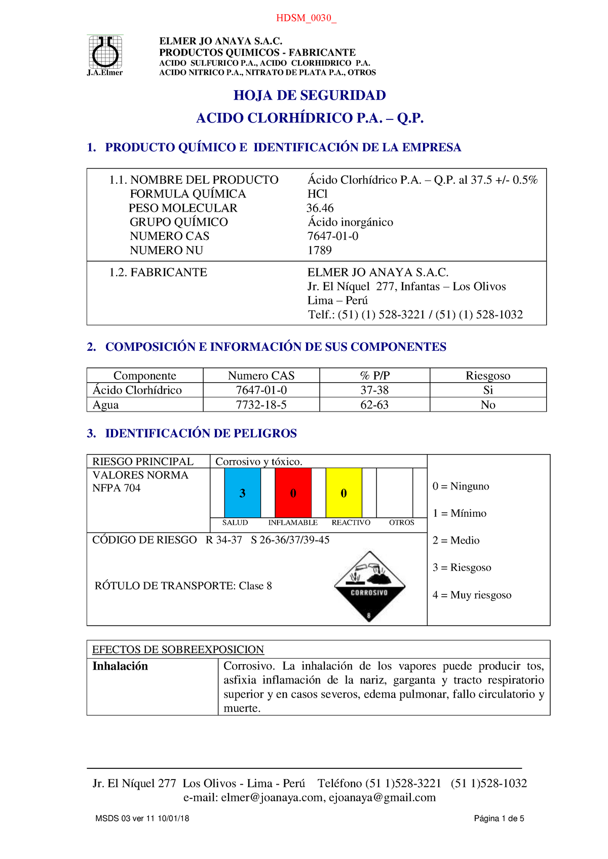 HDSM 0030 Acido Clorhidrico P.A. – Q.P 10 - ELMER JO ANAYA S.A ...