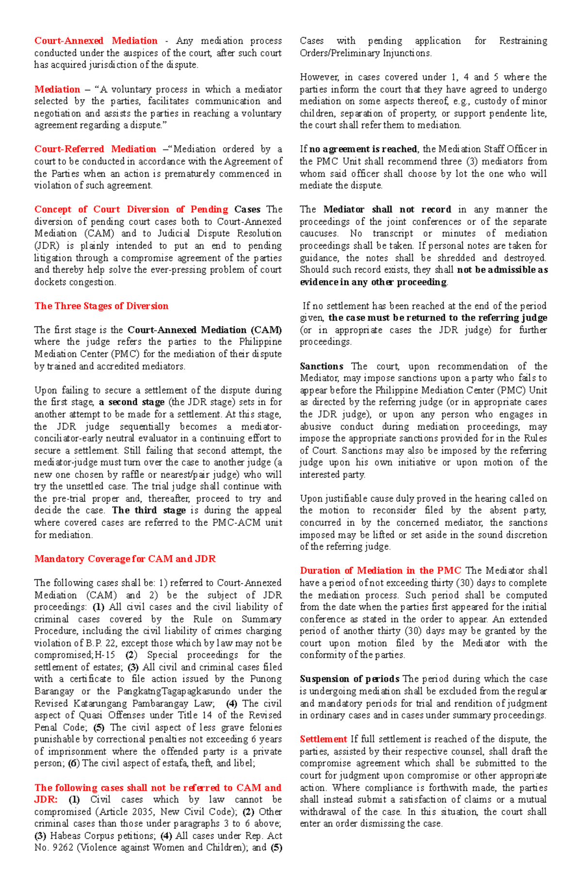 ADR REV - Lecture notes 1 - Court-Annexed Mediation - Any mediation ...