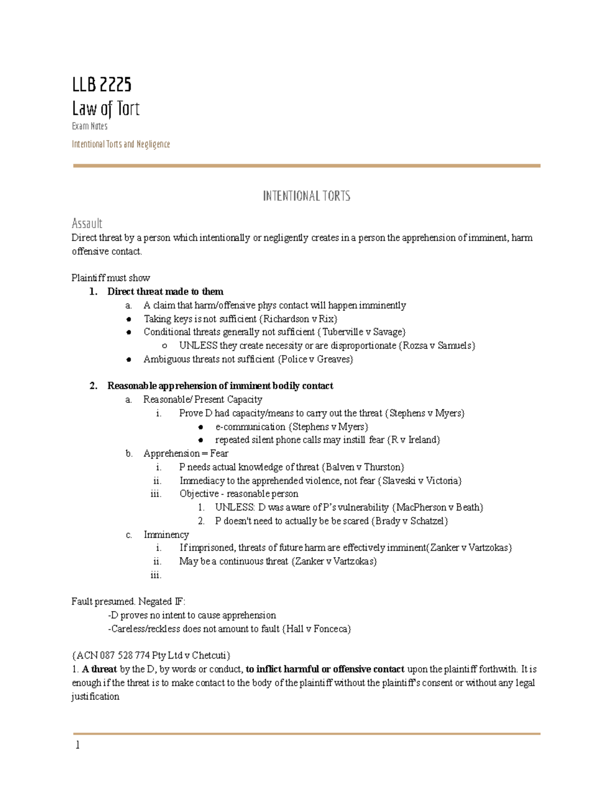 Torts - Notes - LLB 2225 Law of Tort Exam Nes Intentional Torts and ...