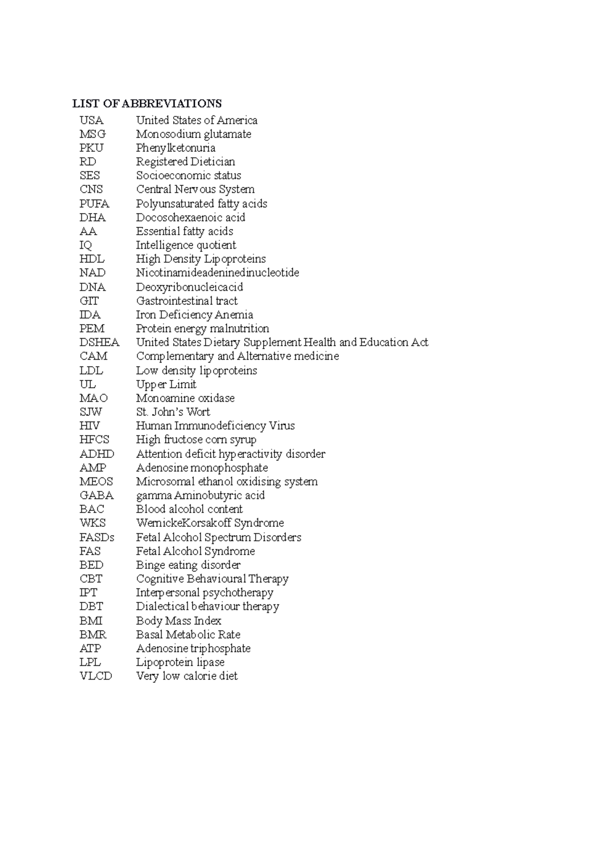 Nutrition AND Behavior; nutrition and dietetics - LIST OF ABBREVIATIONS ...