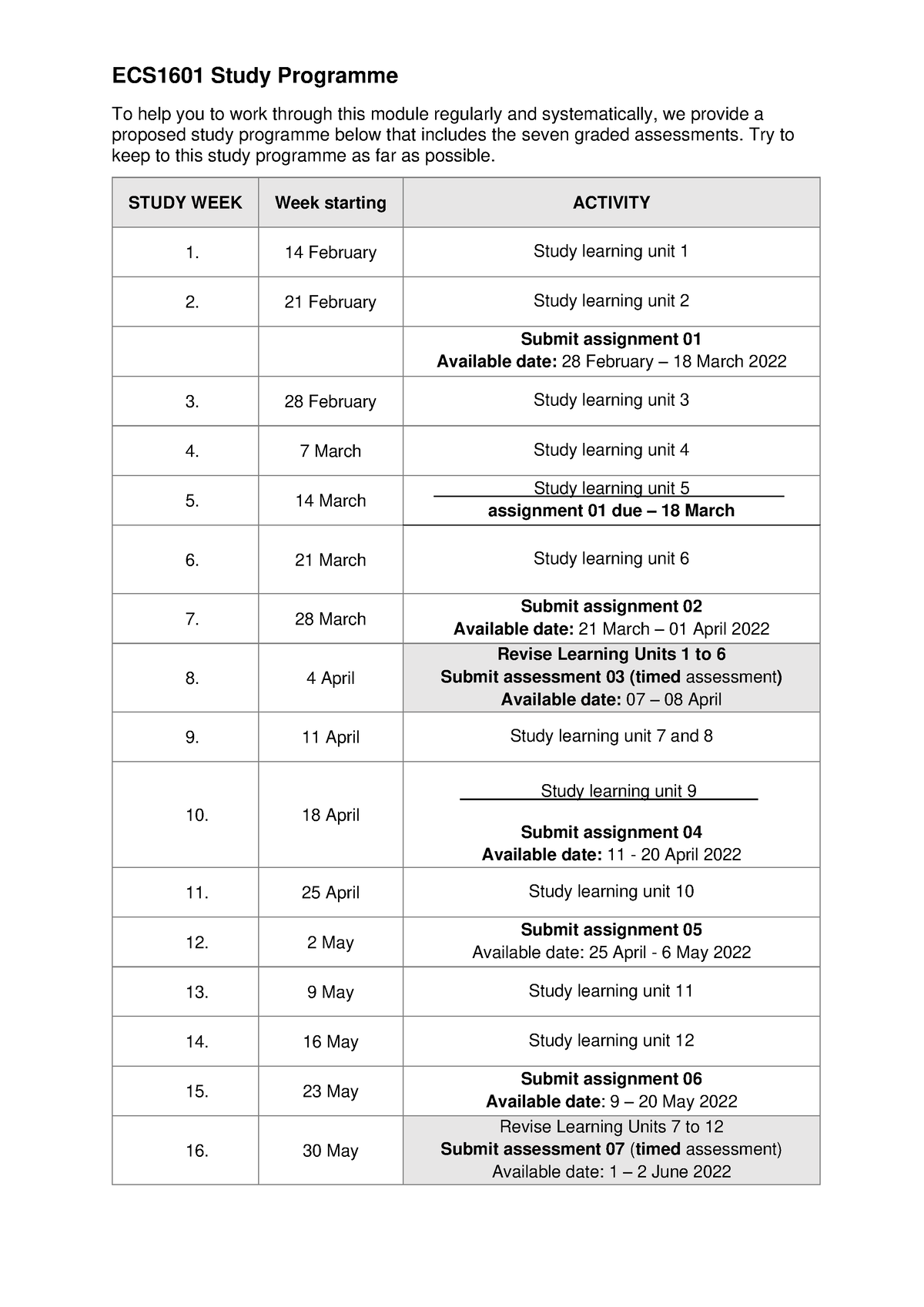 ECS1601 Study Programme - 2022 Semester One - ECS1601 Study Programme ...