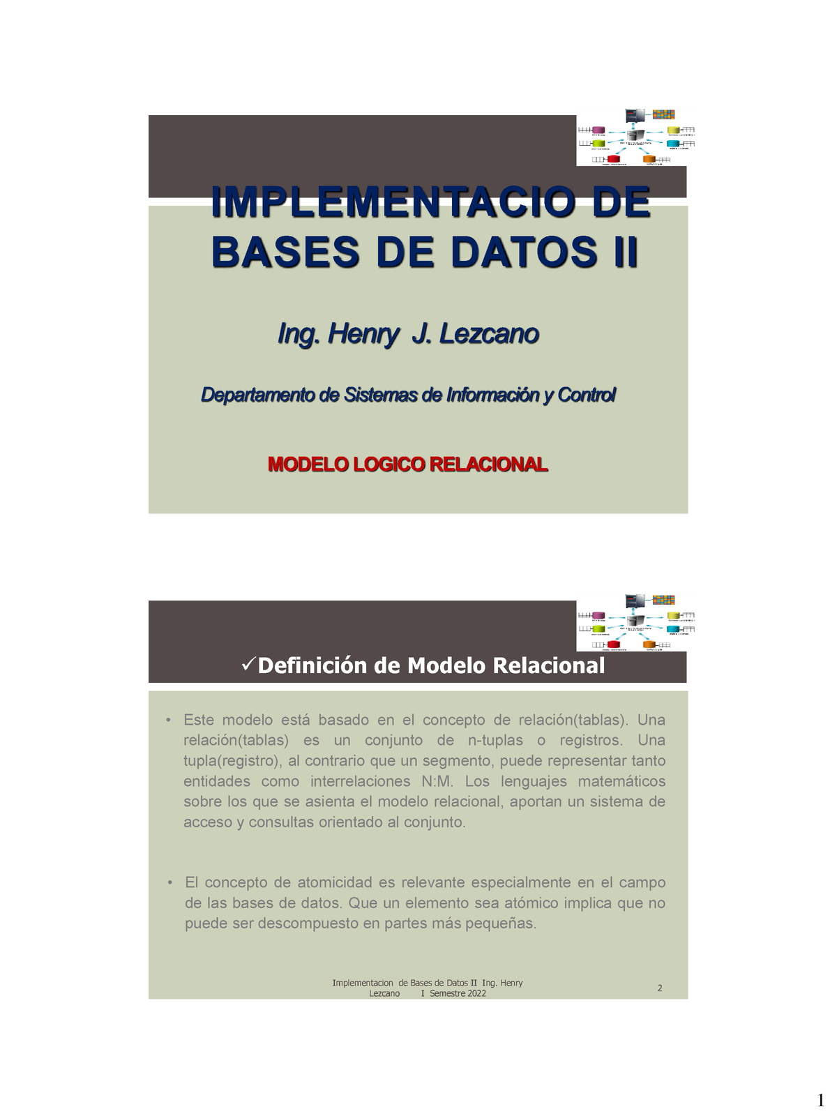  Diseño Logico-Modelo Relacional - IMPLEMENTACIO DE BASES DE DATOS II  Este modelo está basado en - Studocu