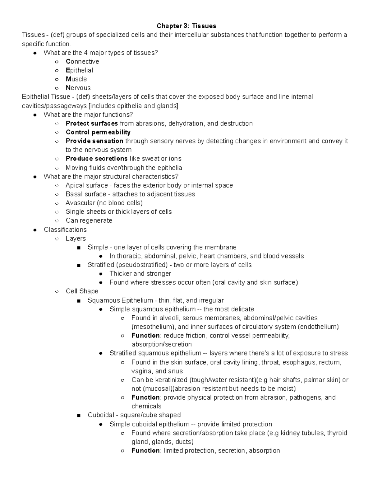 MT 1 Notes - Chapter 3: Tissues Tissues - (def) groups of specialized ...