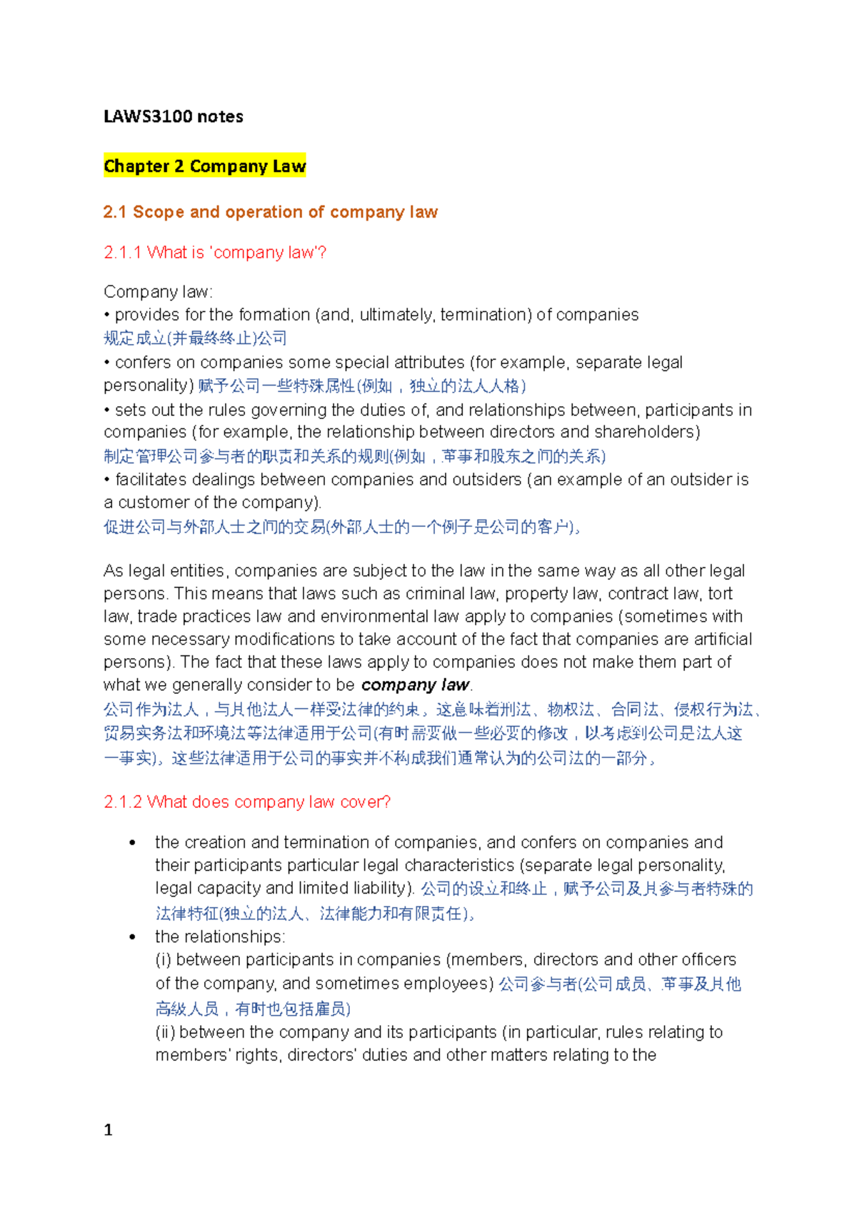 C2 Company law - Lecture notes 2 - LAWS3100 notes Chapter 2 Company Law ...
