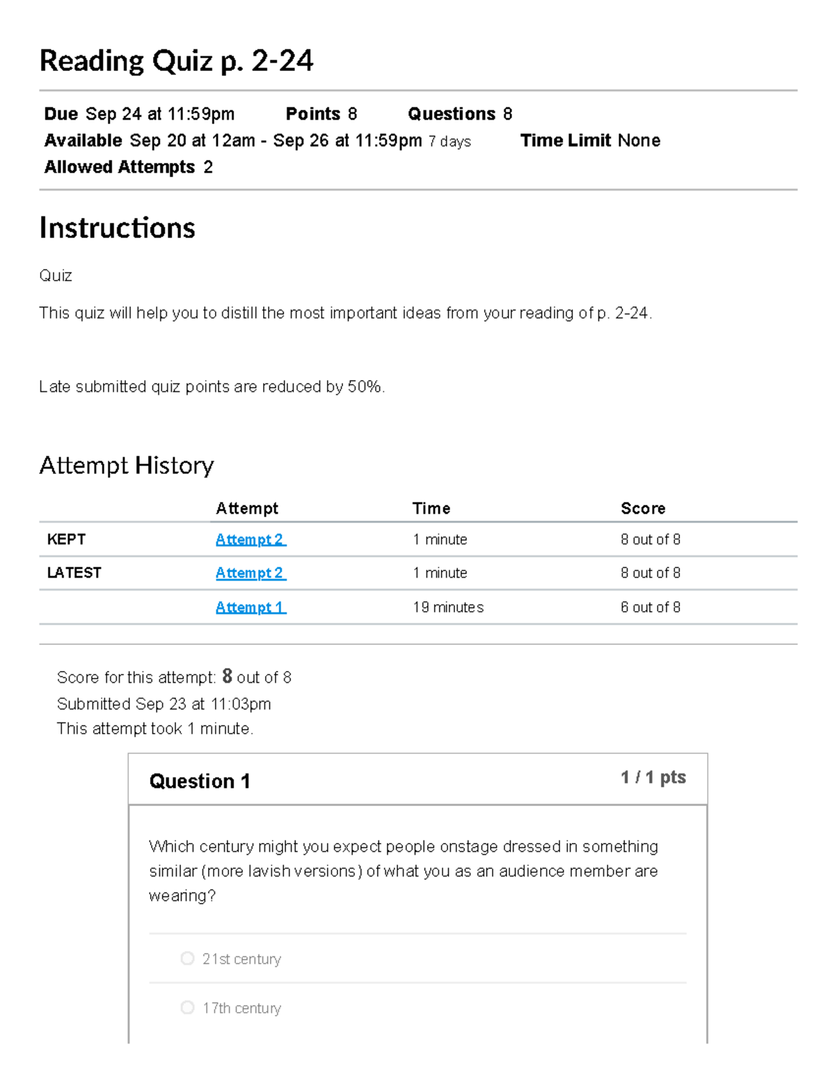 Reading Quiz p. 2-24 - Reading Quiz p. 2- Due Sep 24 at 11:59pm Points ...