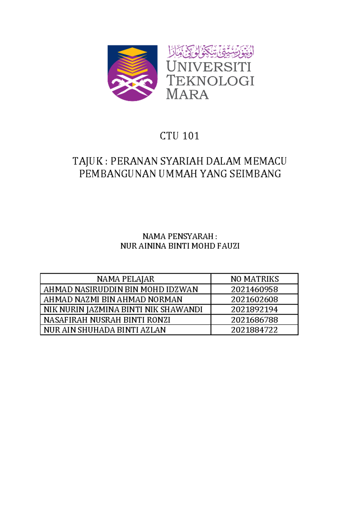 Ctu 101 Group Assignment Ctu 101 Tajuk Peranan Syariah Dalam Memacu Pembangunan Ummah Yang 1824