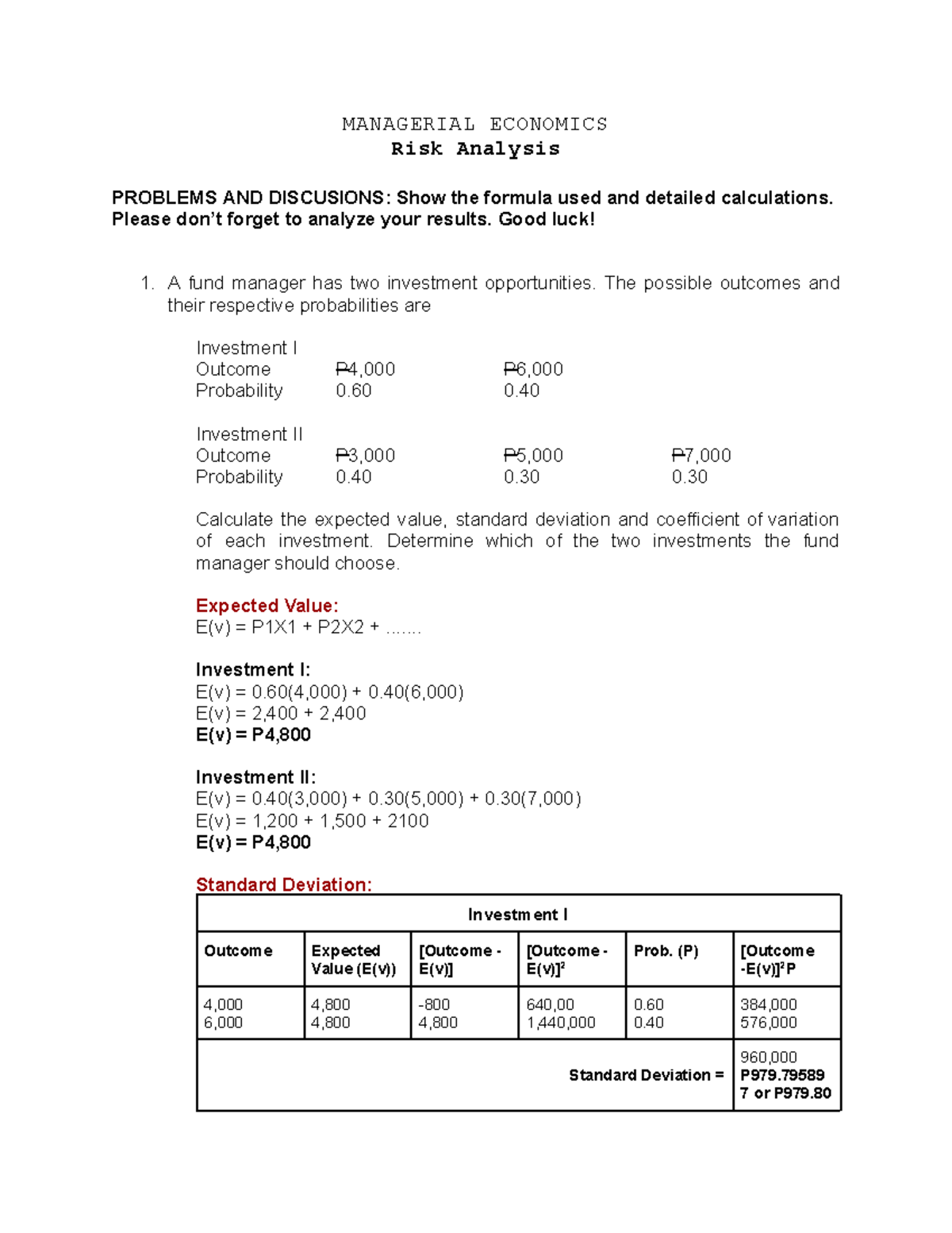Risk Analysis - MANAGERIAL ECONOMICS Risk Analysis PROBLEMS AND ...