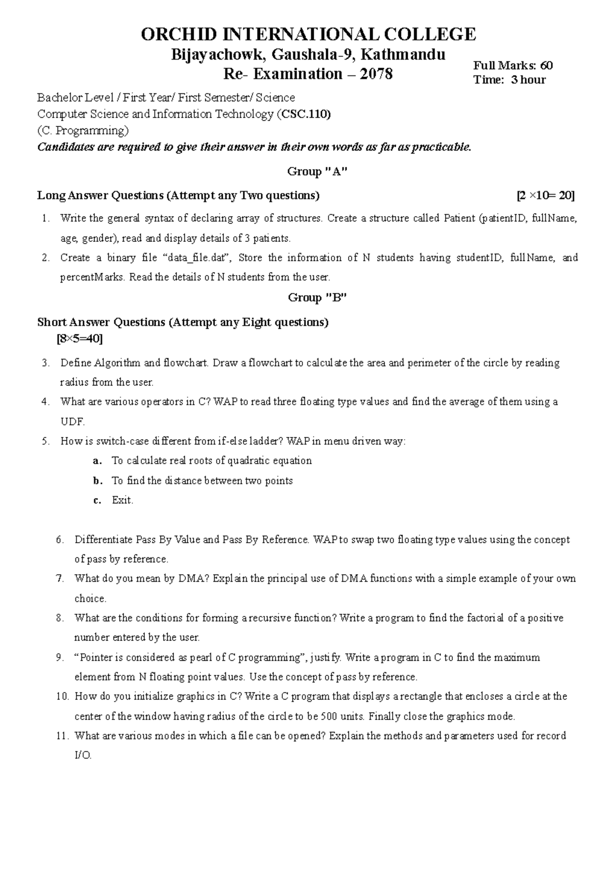 C. Programmin - C questions for re exam - ORCHID INTERNATIONAL COLLEGE ...