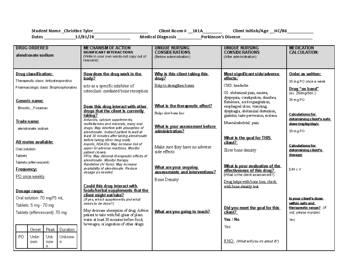 Medication Card Alendronate Sodium - Student Name Christine Tyler 