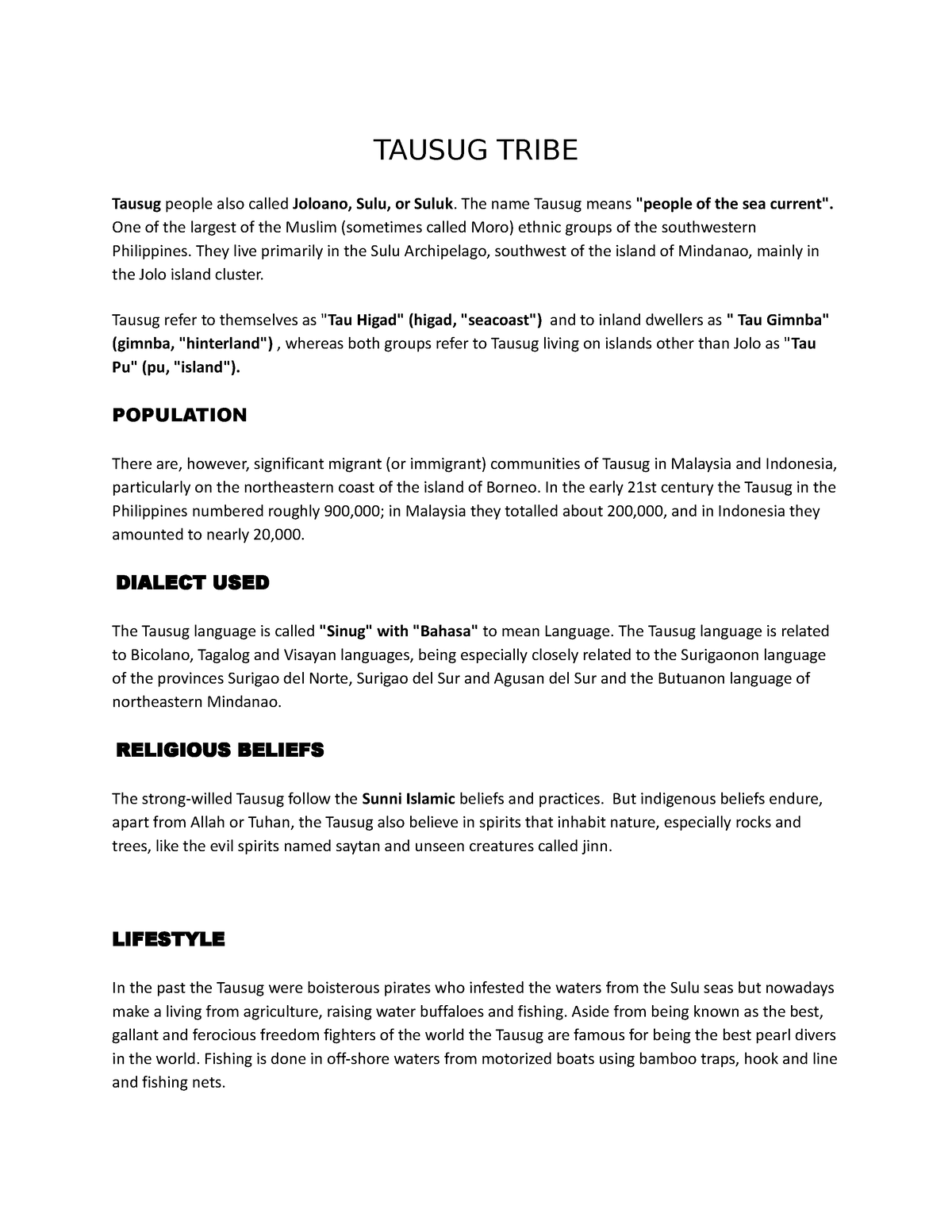 Tausug Tribe - lecture notes - TAUSUG TRIBE Tausug people also called ...