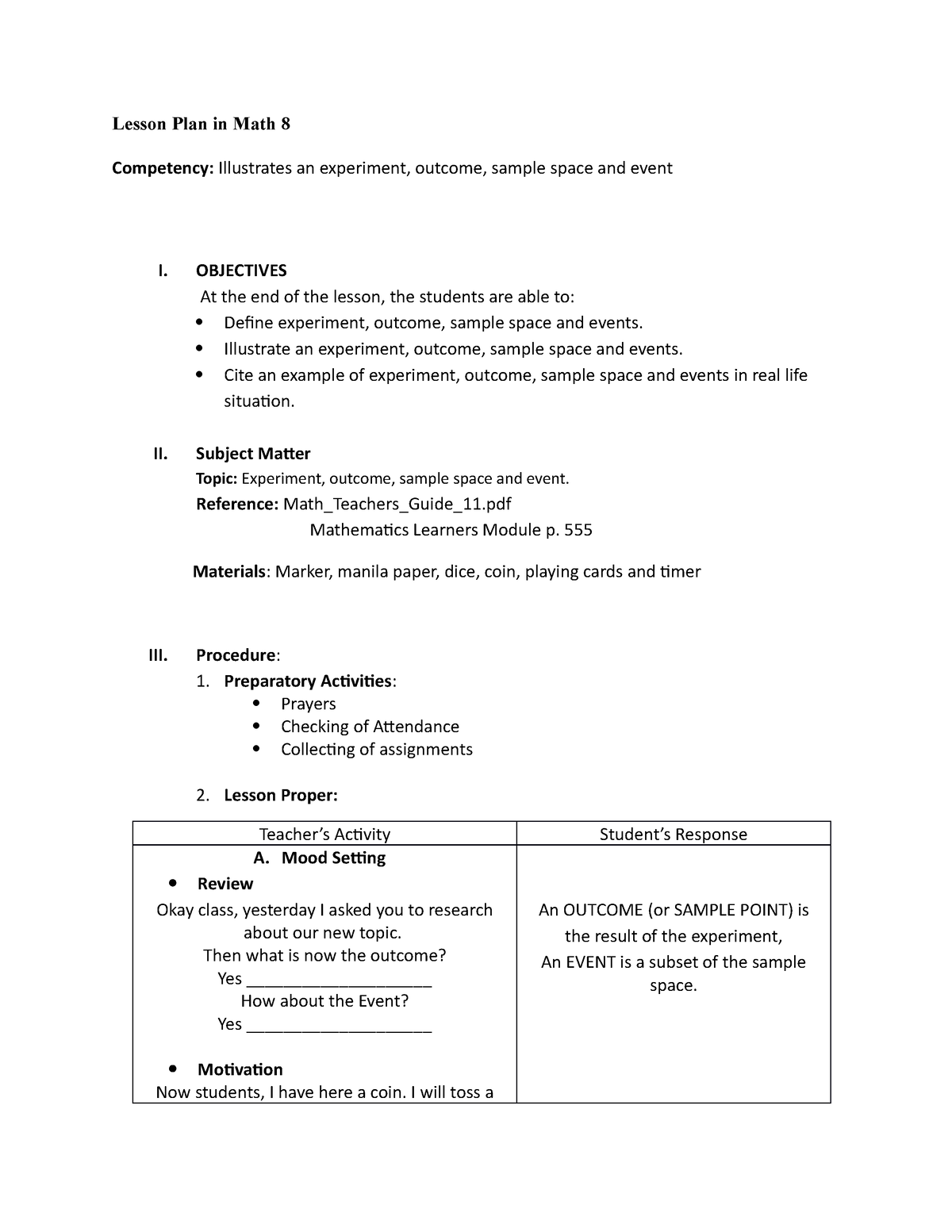 Lesson Plan in Experiment, outcome, sample space and event - Lesson ...