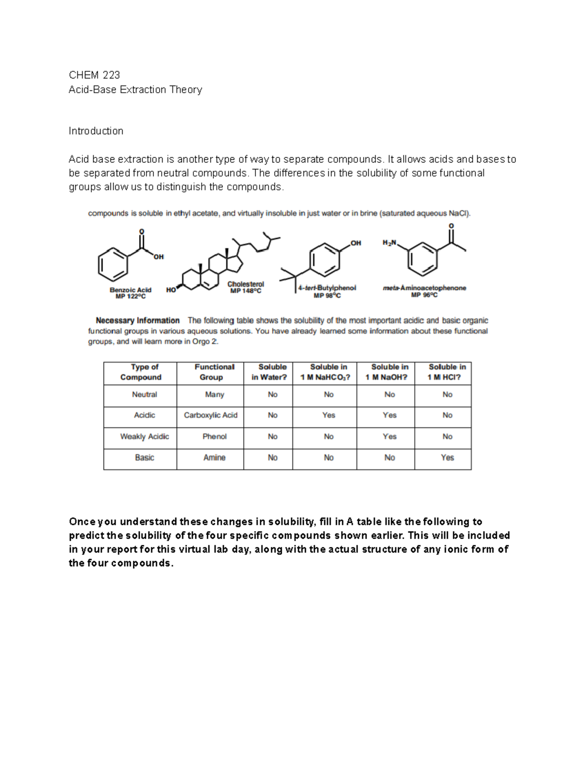 CHEM 223 AcidBase Extraction Theory Lab CHEM 223 AcidBase