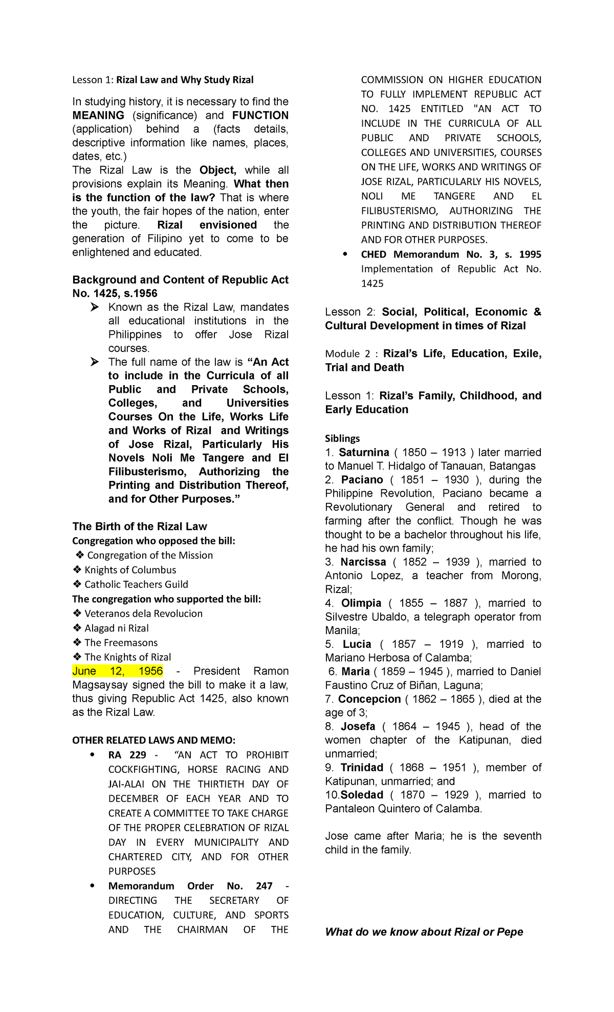 Rizal- Outline - .... - Lesson 1: Rizal Law and Why Study Rizal In ...