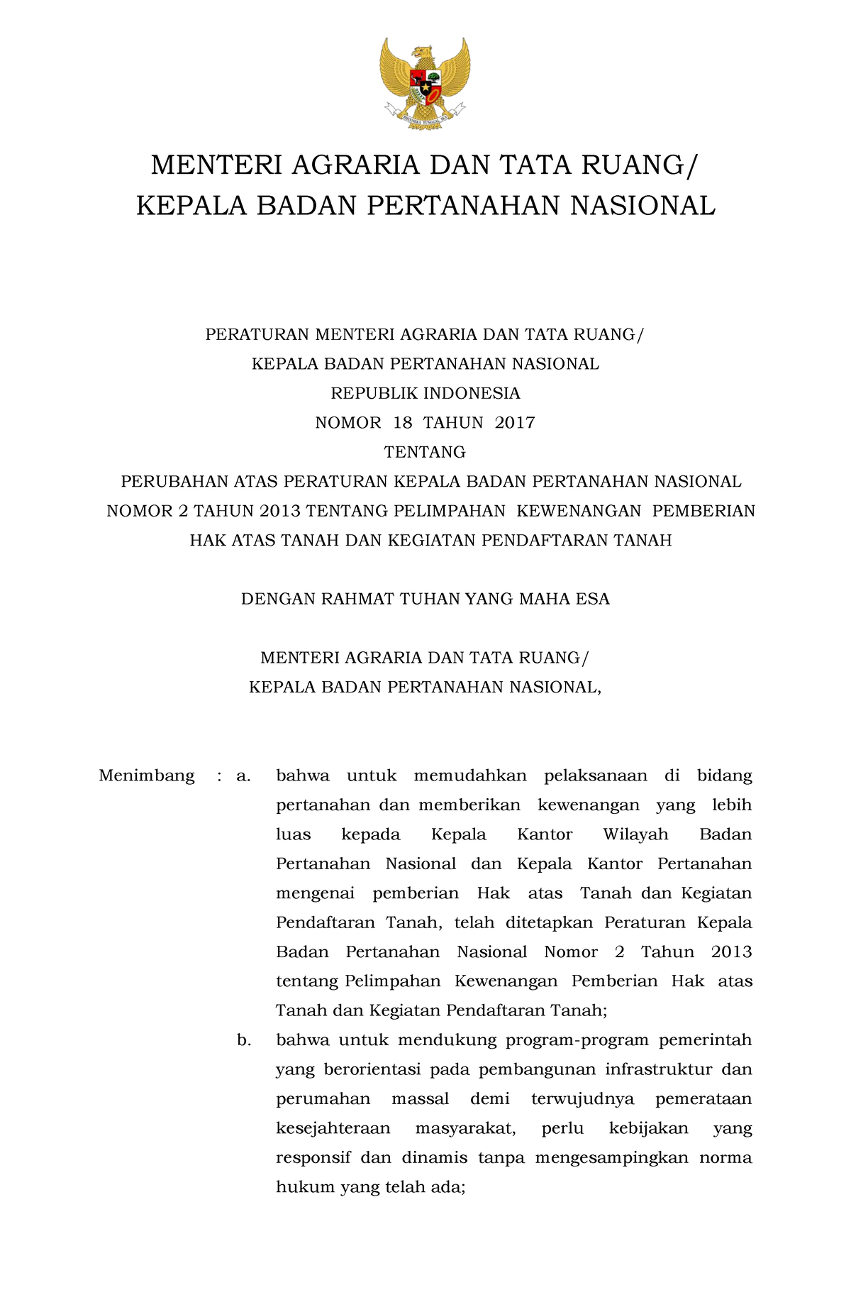 Permen No 18 Tahun 2017 - Untuk Study Kasus - MENTERI AGRARIA DAN TATA ...