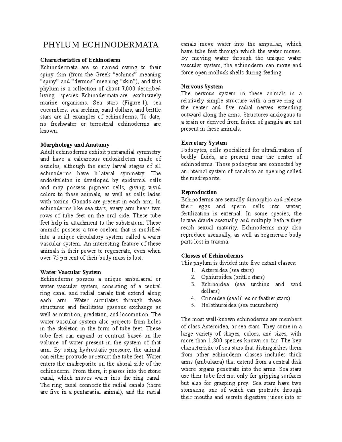 Phylum Echinodermata - Lecture notes 1 - PHYLUM ECHINODERMATA ...