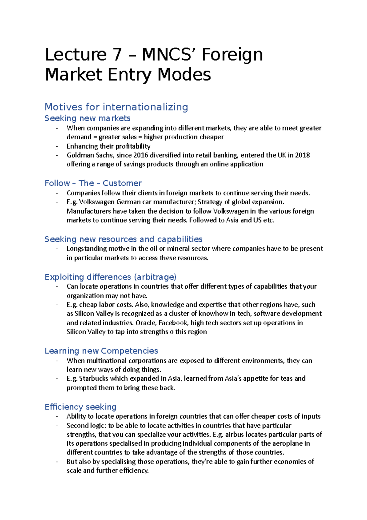 MN20603 Lecture 7 - Lecture 7 – MNCS’ Foreign Market Entry Modes ...