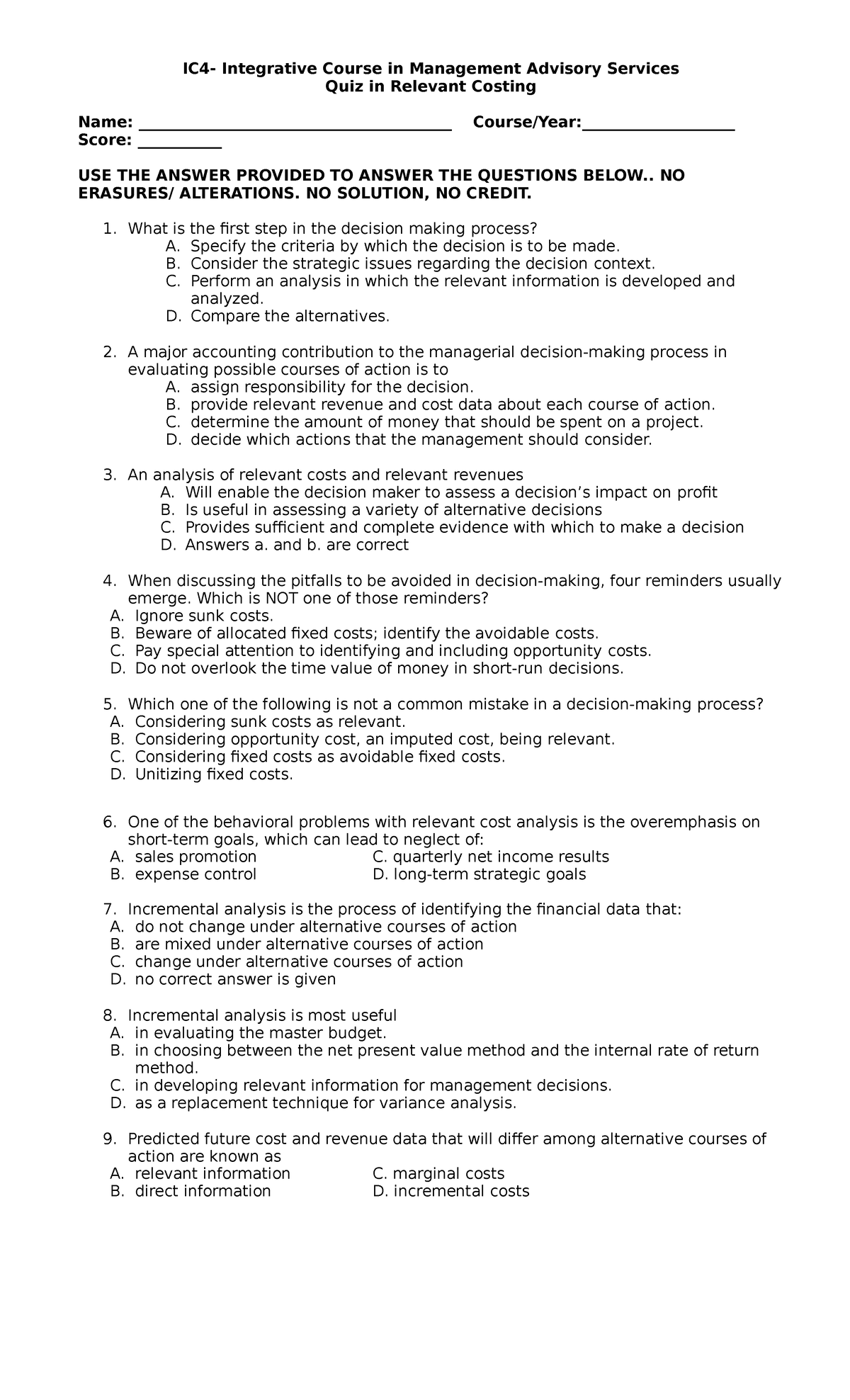 Quiz 6 Relevant Costing - IC4- Integrative Course in Management ...