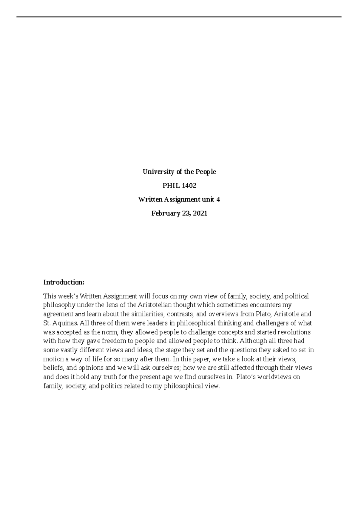 Written Assignment Unit 4 - University Of The People PHIL 1402 Written ...