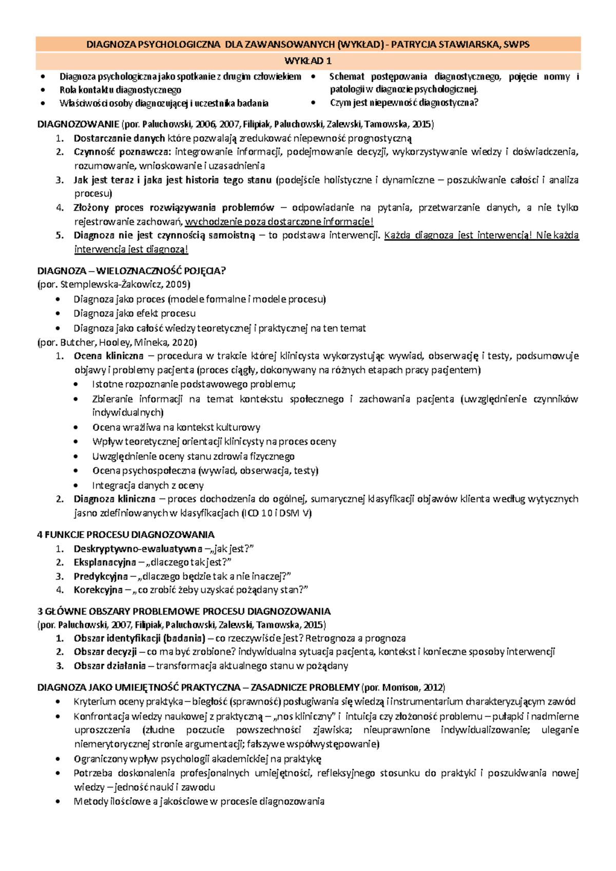 Diagnoza psychologiczna (wykład) - Notatki - DIAGNOZA PSYCHOLOGICZNA