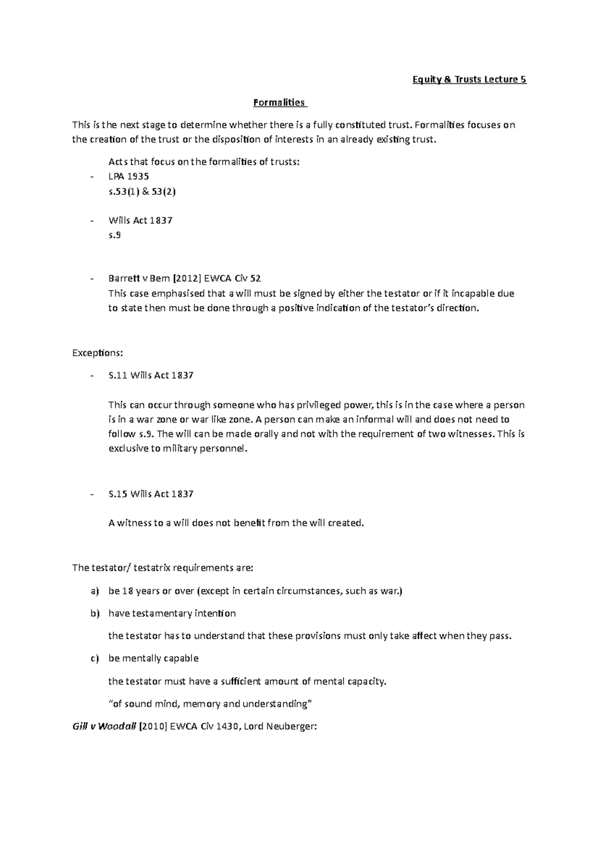 Lecture 5&6 Formalities - Equity & Trusts Lecture 5 Formalities This is ...
