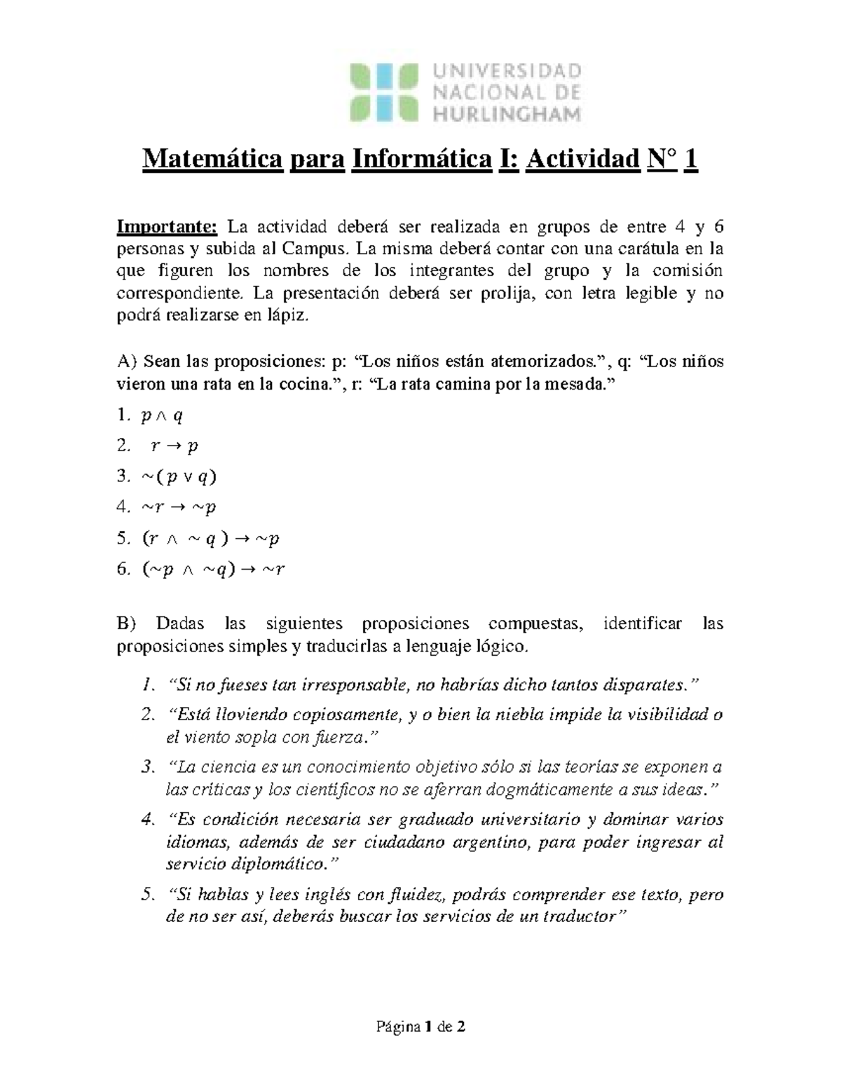 Actividad N1 - Página 1 de 2 Matemática para Informática I: Actividad N ...