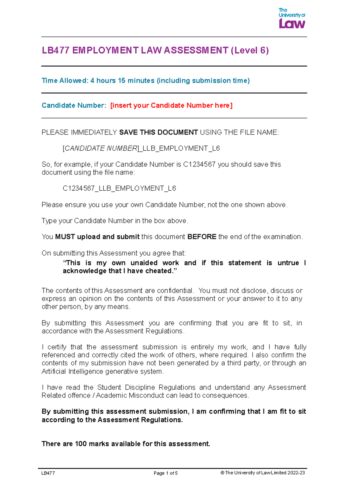 Employment Law Exam 2023 LB477 EMPLOYMENT LAW ASSESSMENT (Level 6