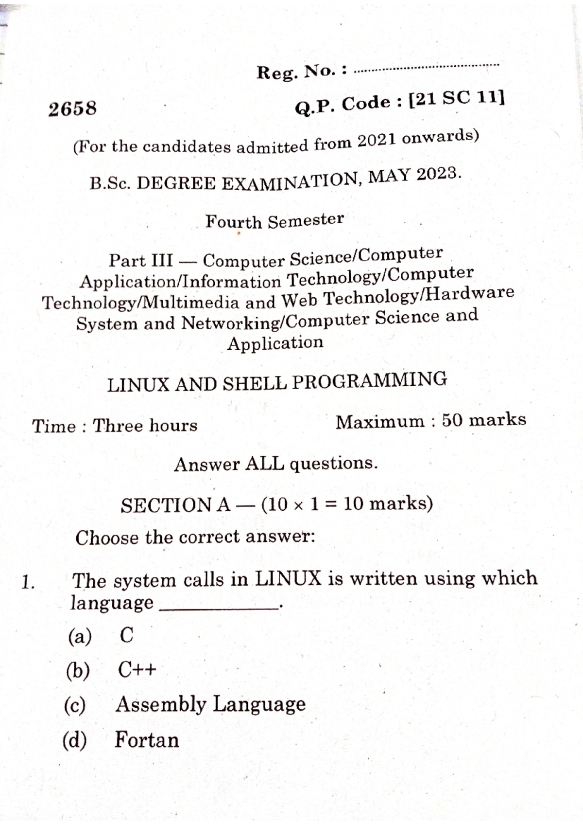 Linux qp - Very important - Reg. No. : 2658 Q. Code : SC (For the ...