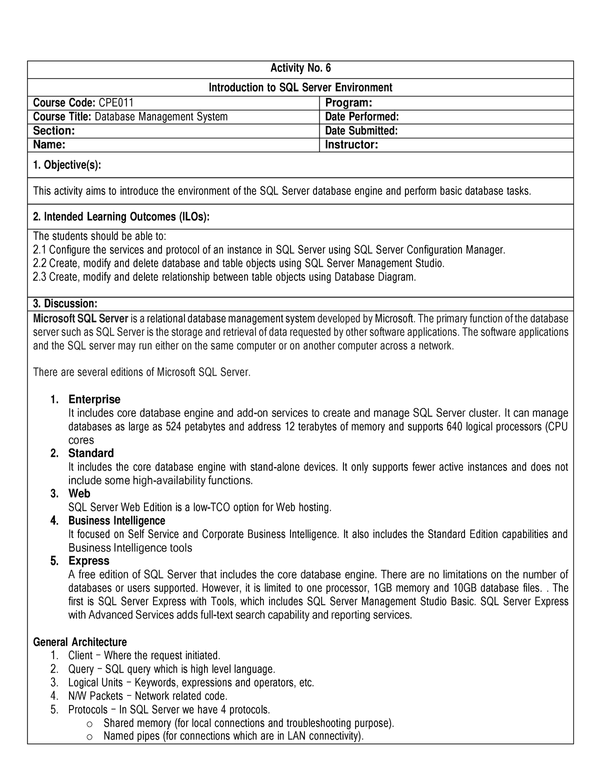 Laboratory 6 - Introduction to SQL server environment - Activity No. 6 ...