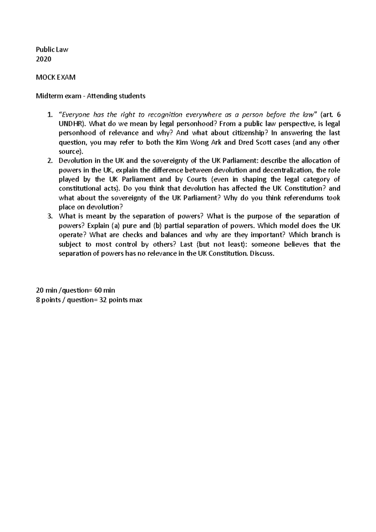 LAW mock exam LAW mock exercise Public Law 2020 MOCK EXAM Midterm