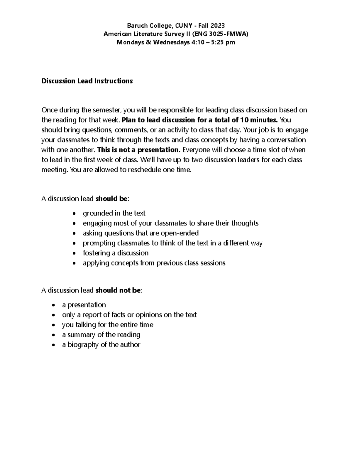 Discussion Lead Instructions Baruch College, CUNY Fall 2023