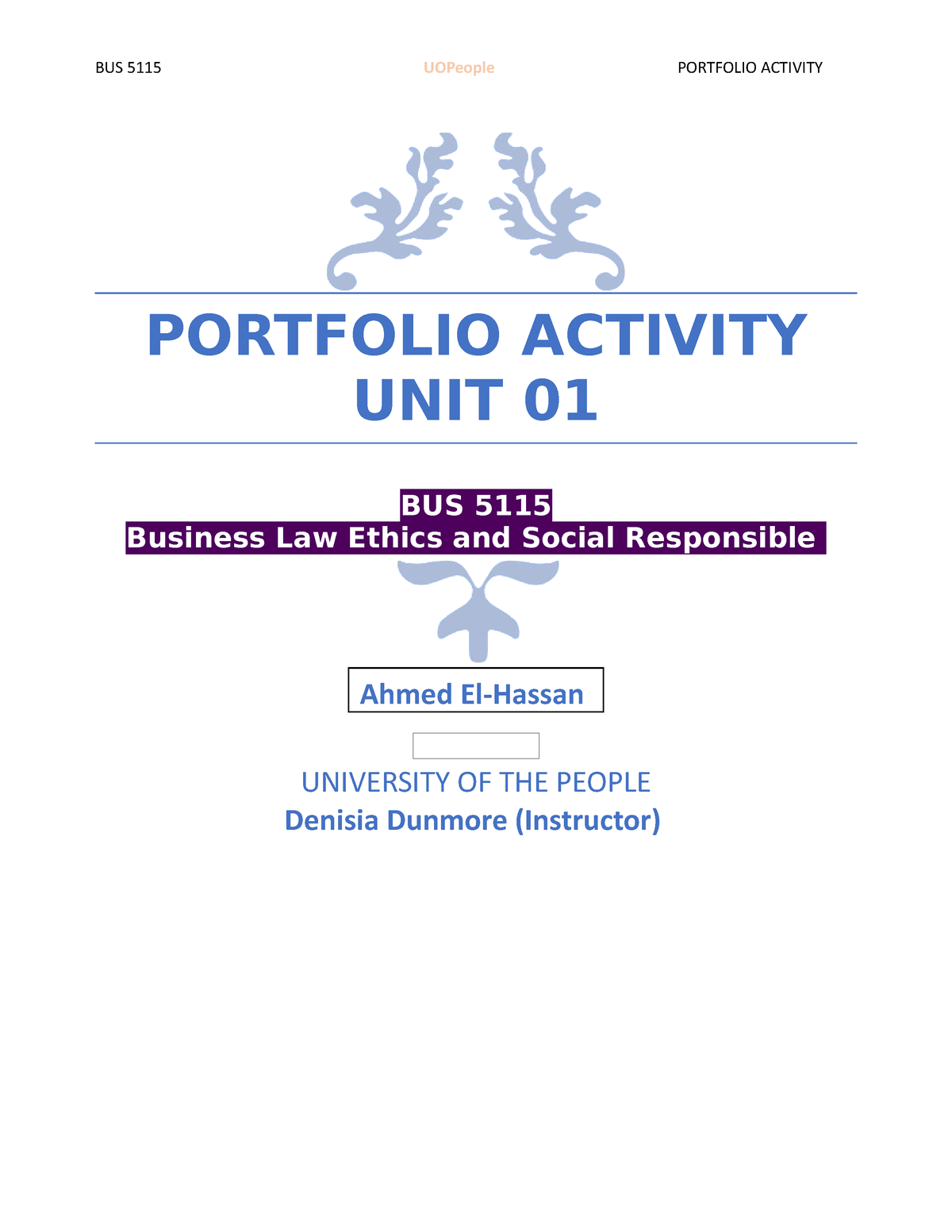 BUS 5115 Portfolio Activity Unit 01 - PORTFOLIO ACTIVITY UNIT 01 BUS ...