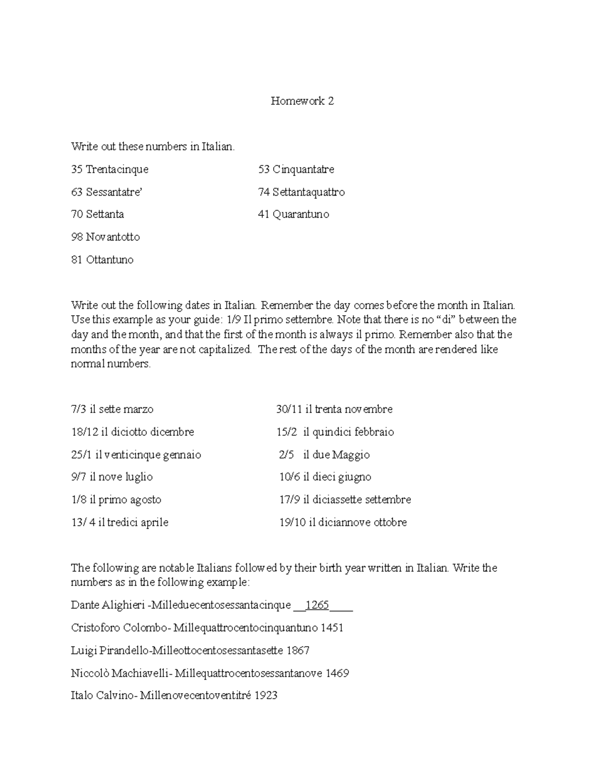 Numbers and months homework - Homework 2 Write out these numbers in ...