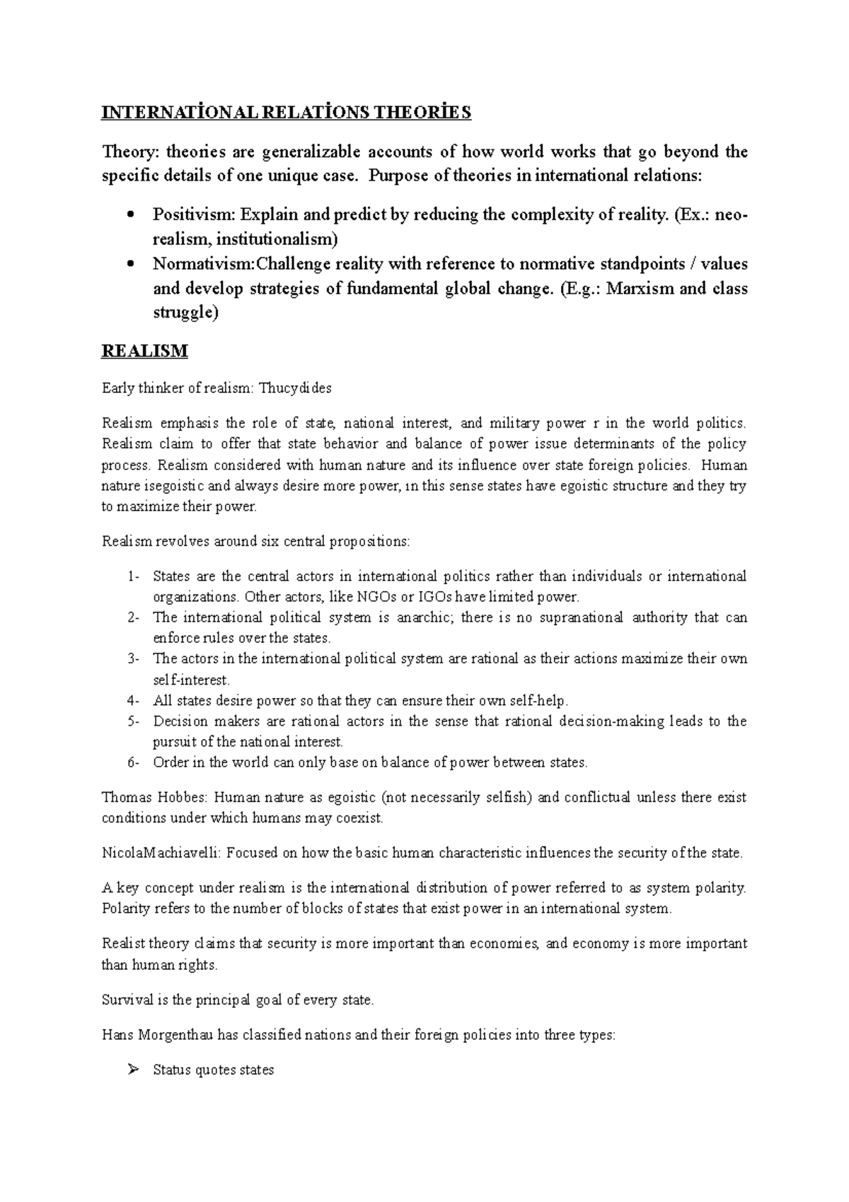 IR Summary Into - Lecture notes 1 - INTERNATİONAL RELATİONS THEORİES ...