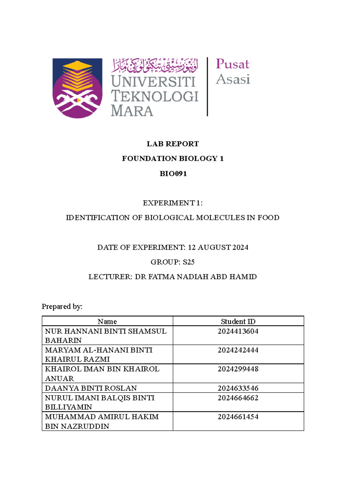 LAB Report Biology Experiment 1 - LAB REPORT FOUNDATION BIOLOGY 1 BIO ...
