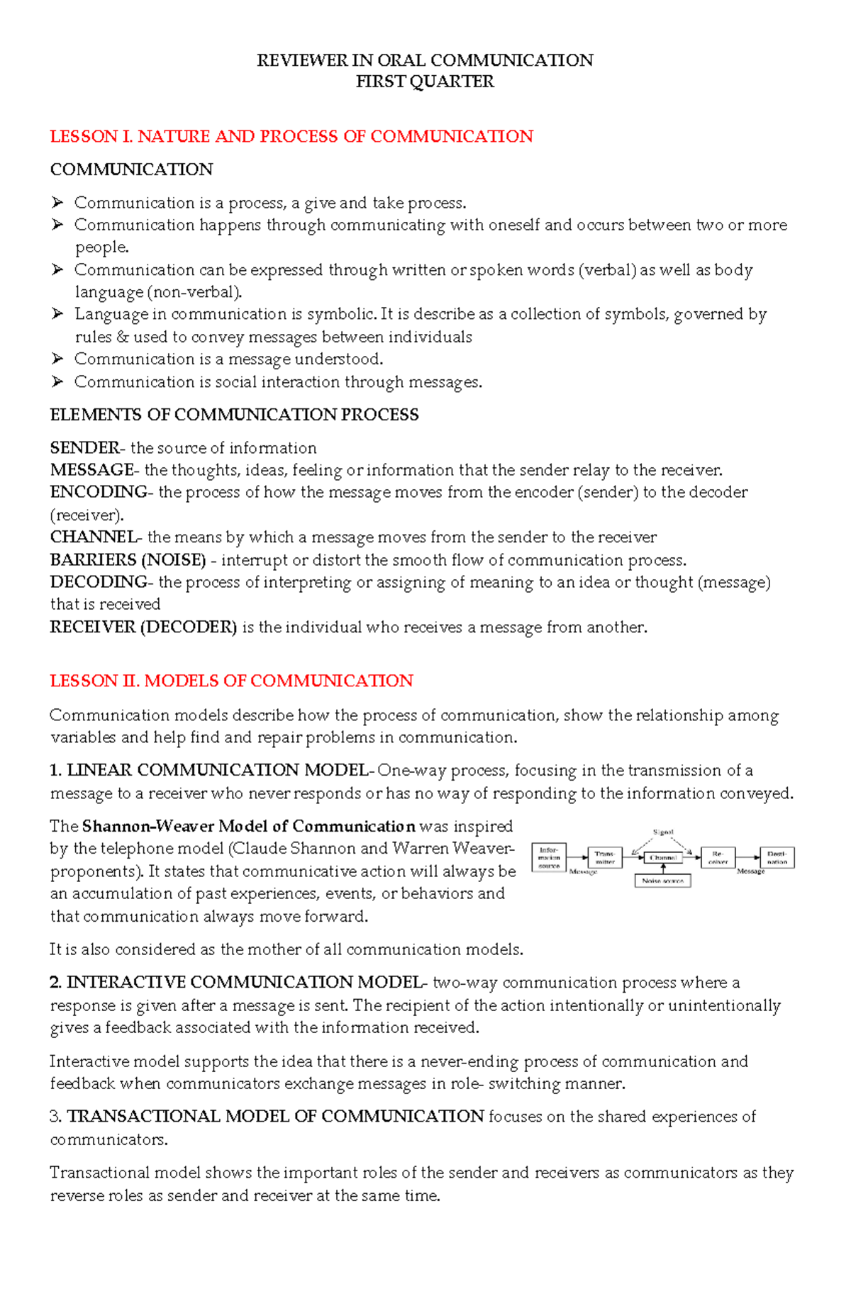 Reviewer - REVIEWER IN ORAL COMMUNICATION FIRST QUARTER LESSON I ...