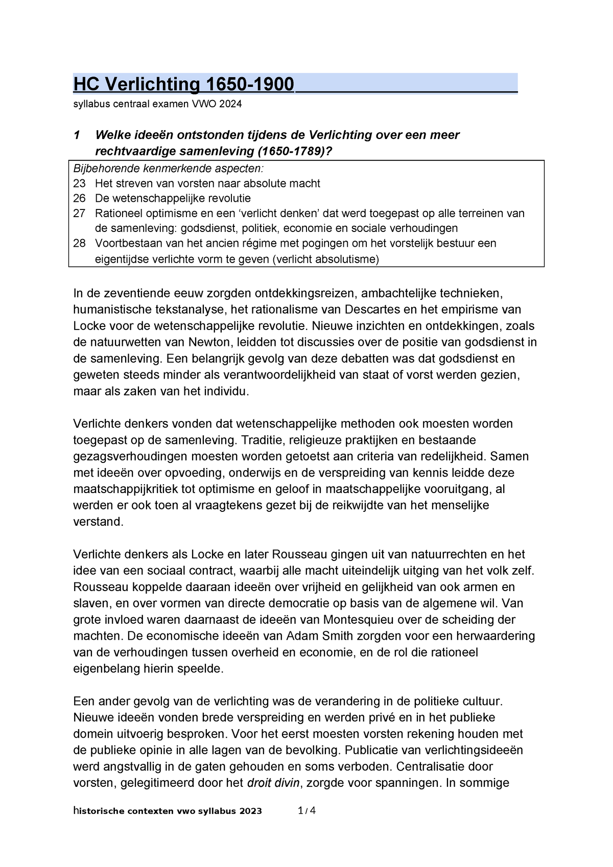 HC Verlichting 1650 1900 Syllabus Vwo 2024 HC Verlichting 1650 Syllabus Centraal Examen VWO