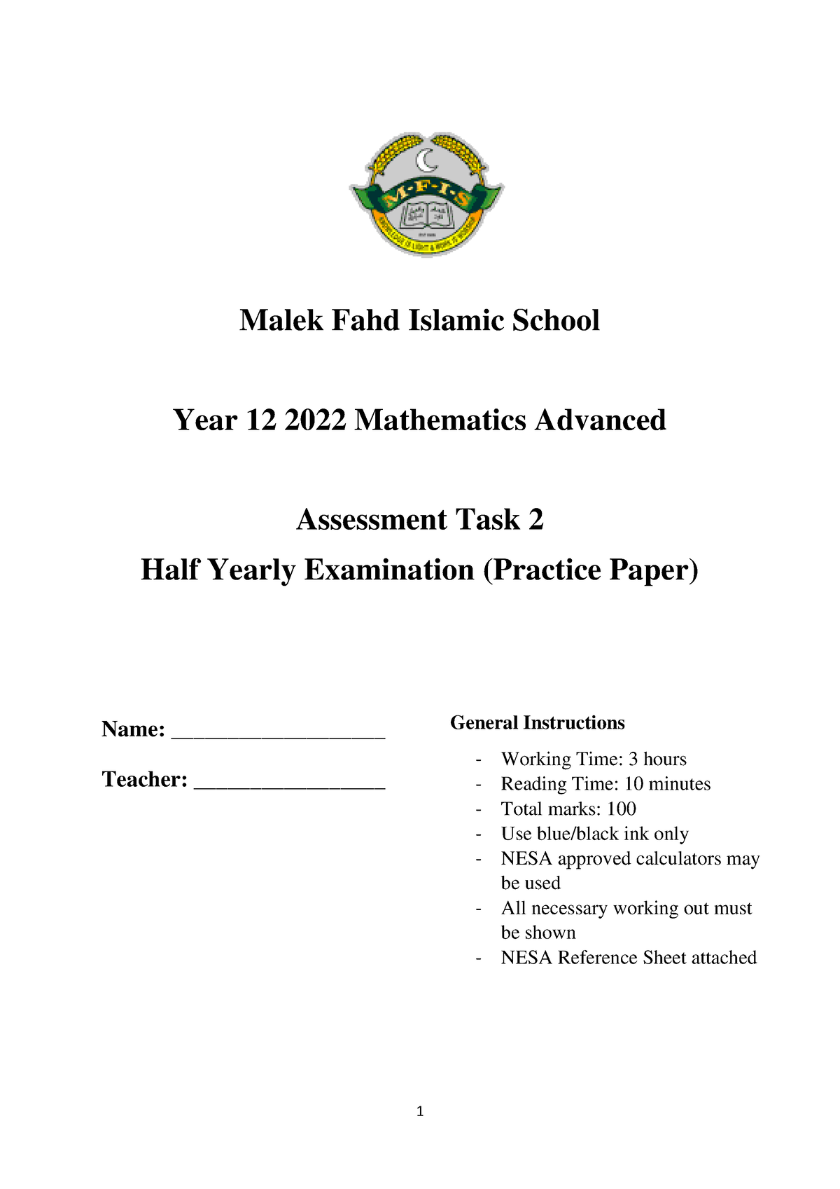 2022 Adv Maths Task 2 Half Yearly Prac Paper - 1 Malek Fahd Islamic ...