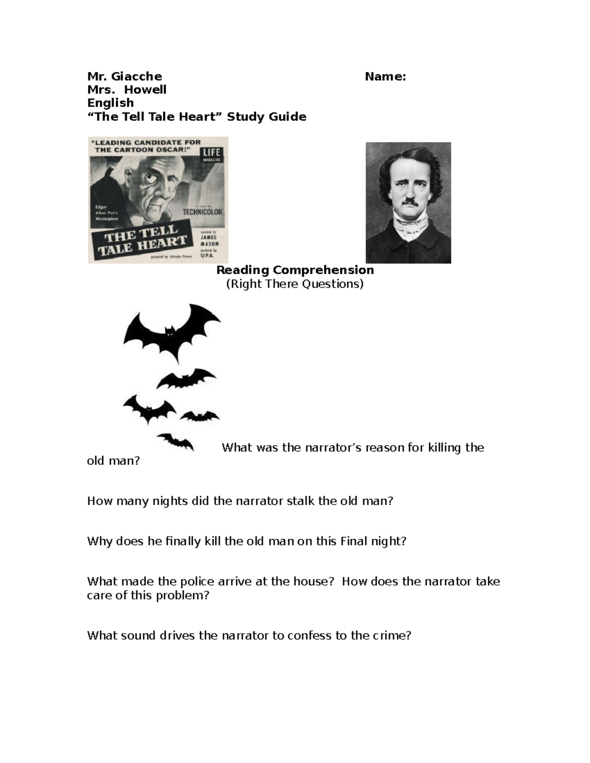 Tell Tale Heart Study Guide 2 - Mr. Giacche Name: Mrs. Howell English ...