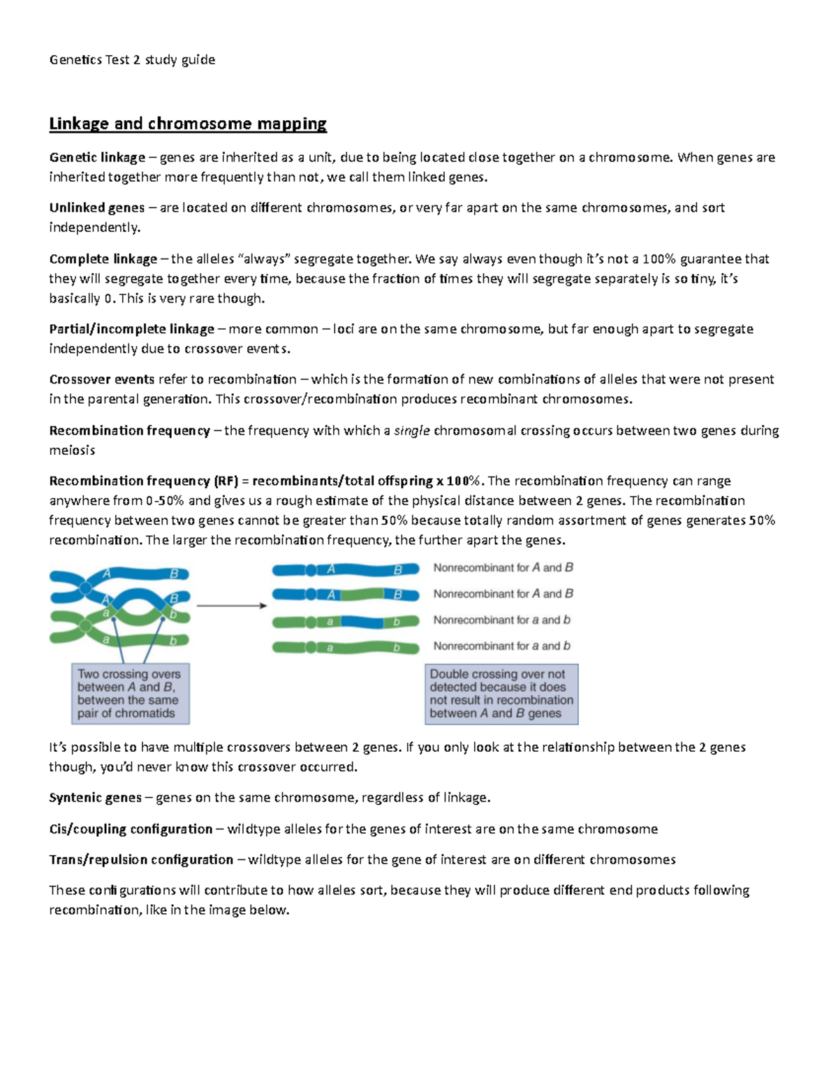 Genetics Test 2 study guide - Genetics Test 2 study guide Linkage and ...