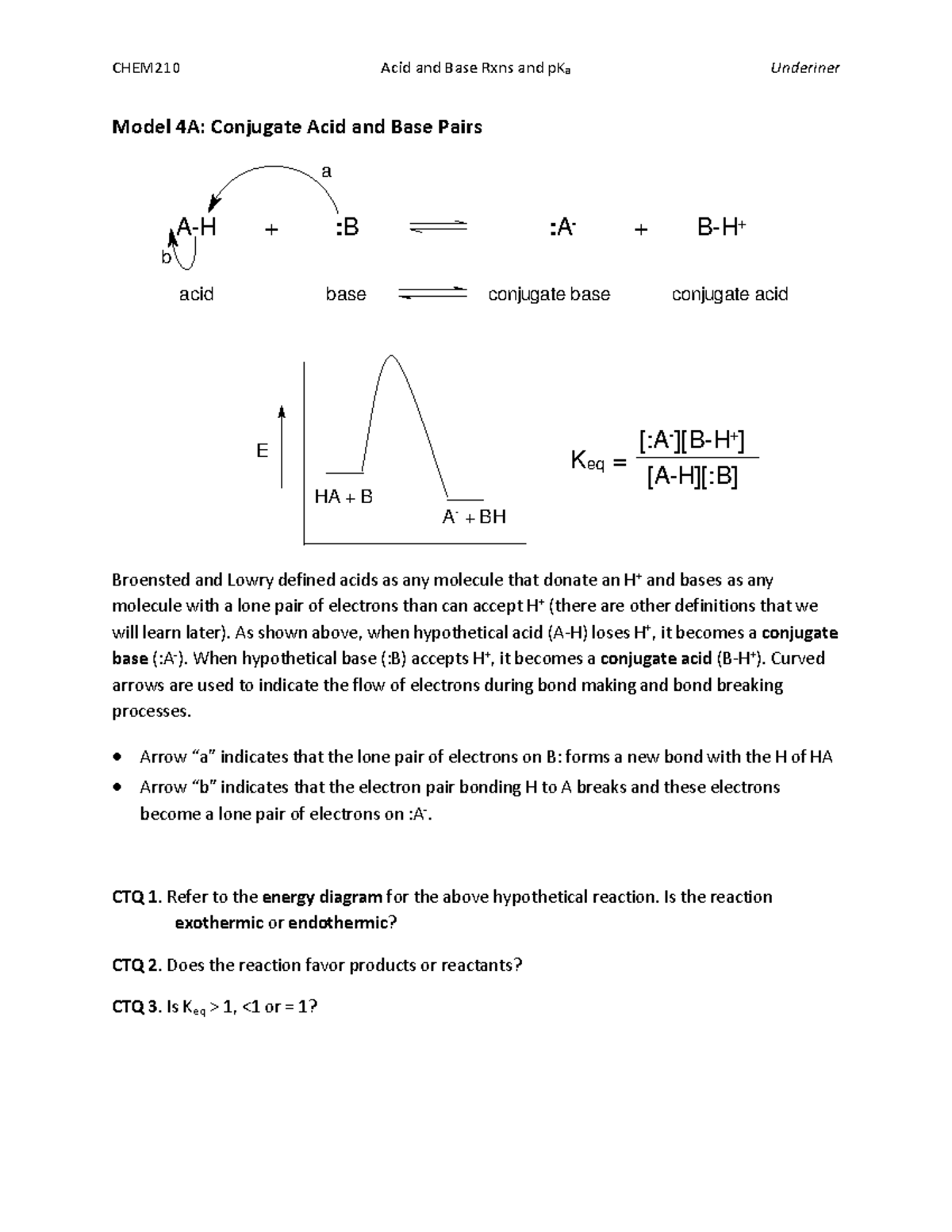 Ca 4 Worksheet Practice Model 4a Conjugate Acid And Base Pairs [a H][ B] A H B A B