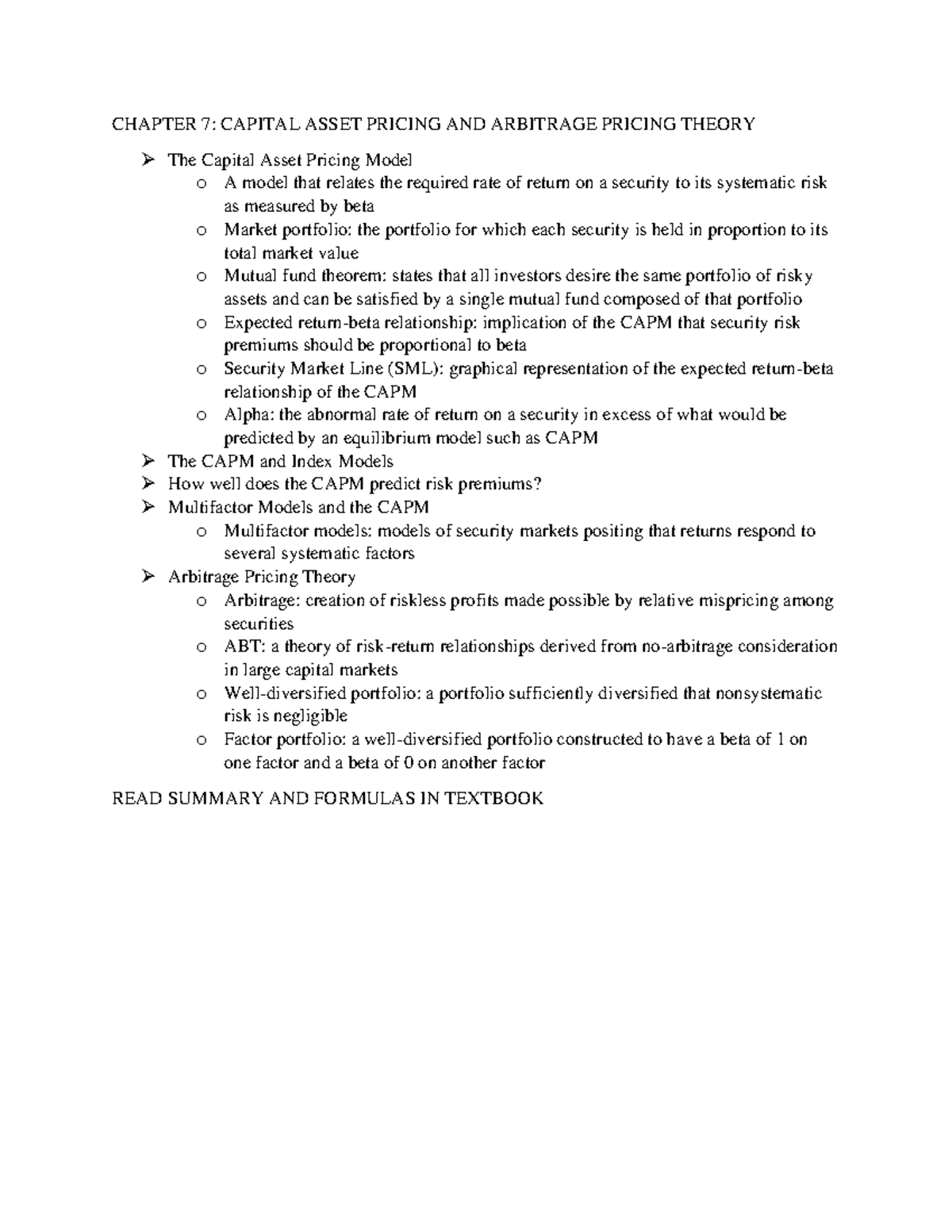 Finance Chapter 7 Notes - CHAPTER 7: CAPITAL ASSET PRICING AND ...