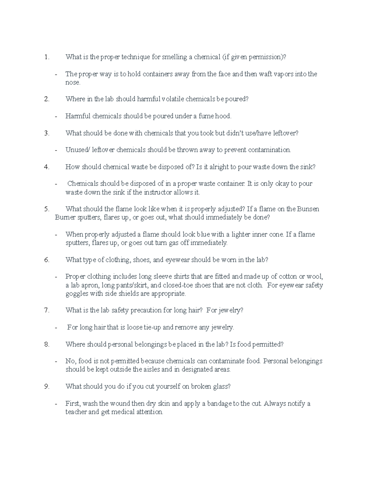 Safety Quiz - What is the proper technique for smelling a chemical (if ...