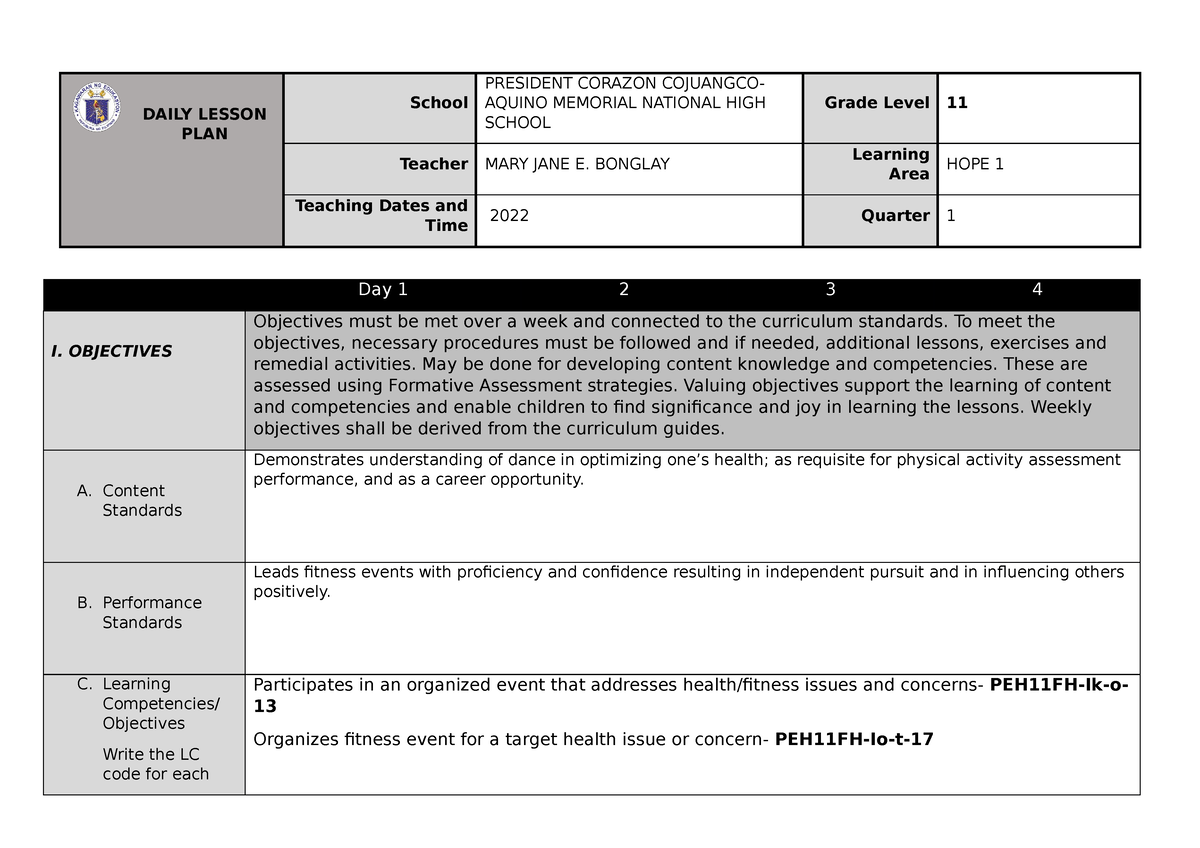 HOPE-1 WEEK-3 - Senior High School Week 1 - DAILY LESSON PLAN School ...