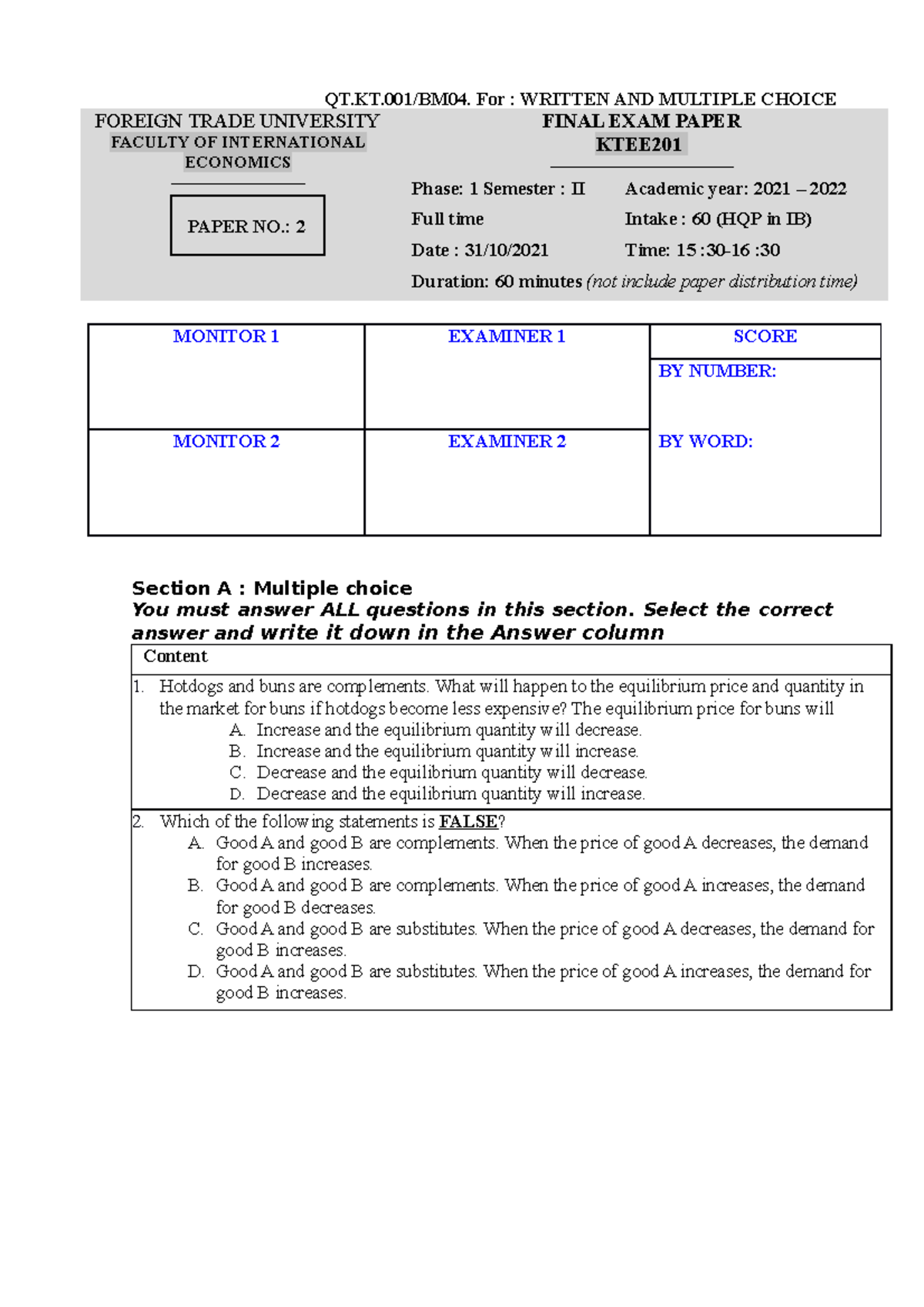 Micro ver 2 test practice mock test - QT.KT/BM04. For : WRITTEN AND ...