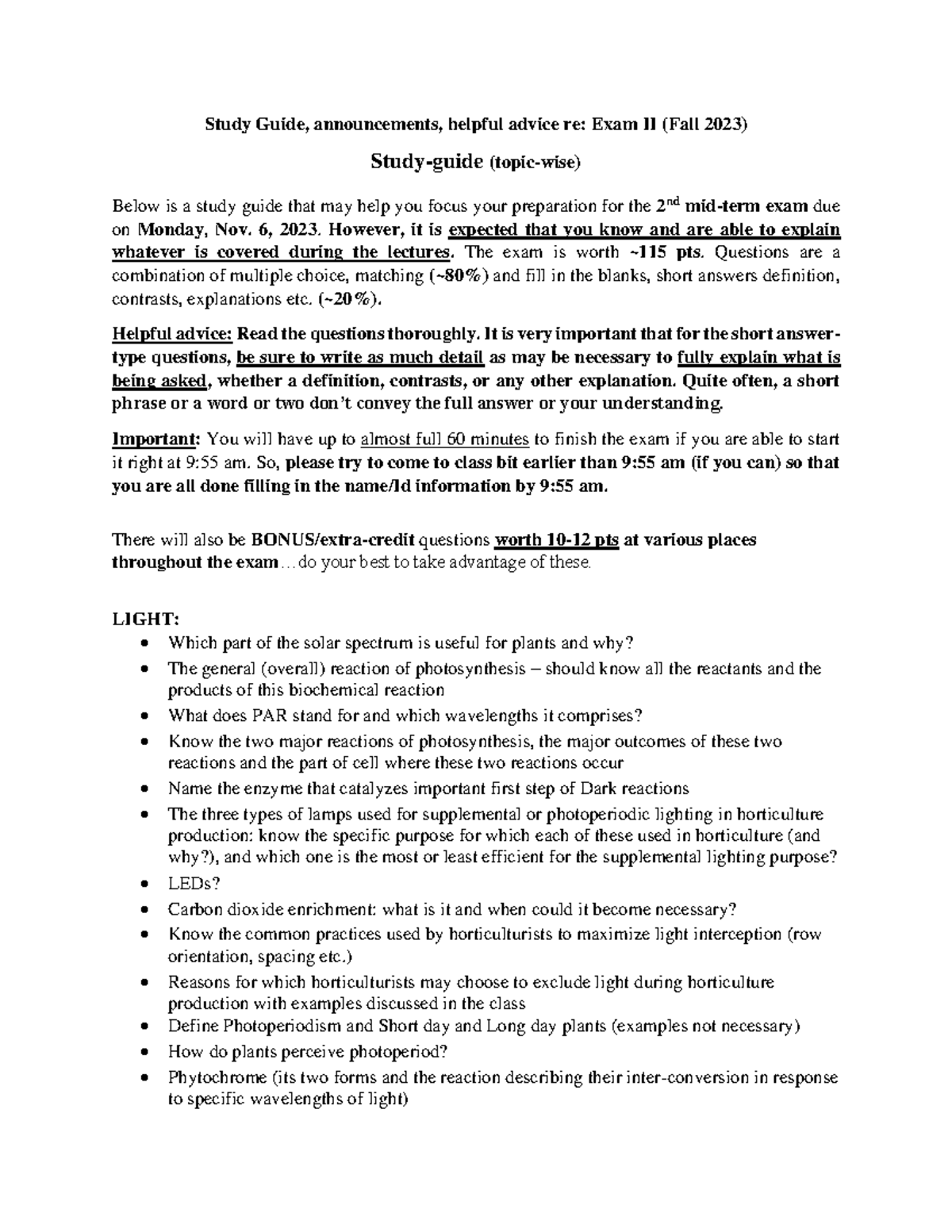 Study Guide-Exam-II-2023 - Study Guide, announcements, helpful advice ...
